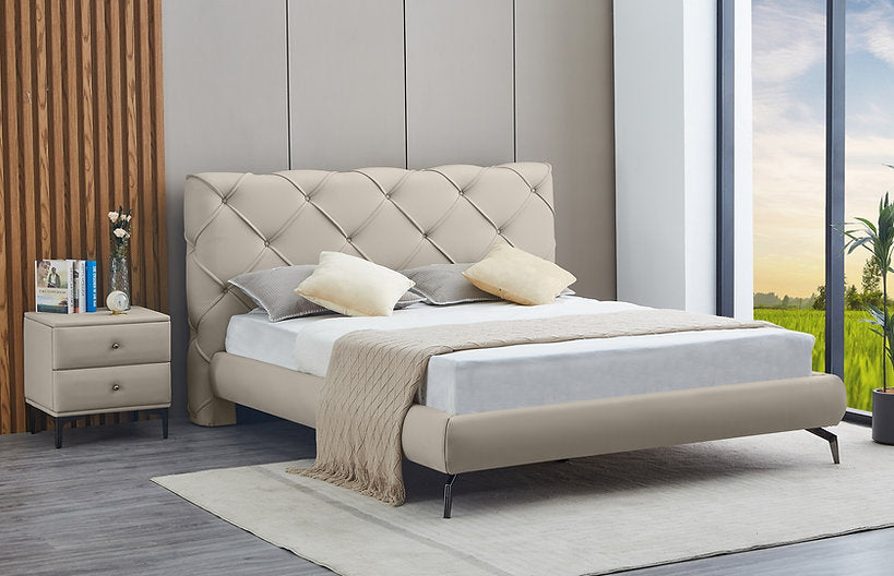 Modern Grey & Creme Platform Bed with Diamond Stitching & Black Steel Legs