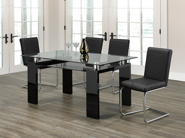 7-Piece Clear Glass Top Black Table with Frosted Bottom Glass Paired with Black Upholstered Seats