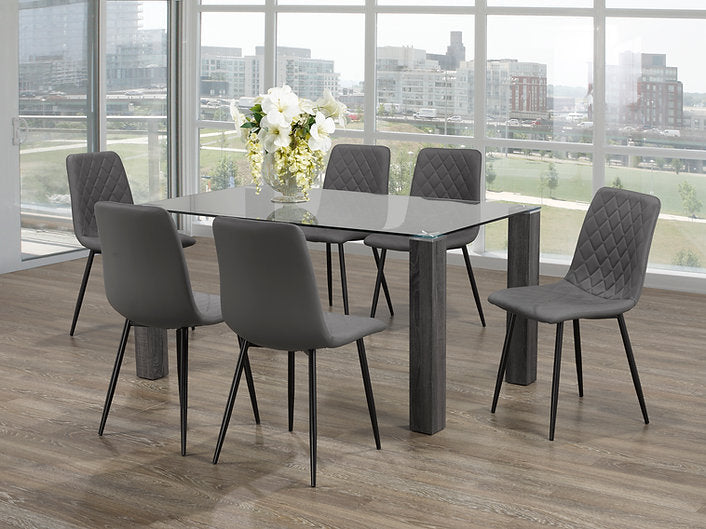 7-Piece Clear Top Tempered Glass Grey Chairs Black Legs