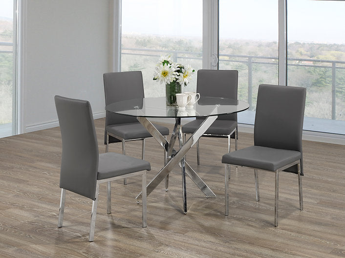 ELLA 5-Piece Modern Round Glass Table with Grey Chairs Chrome Legs