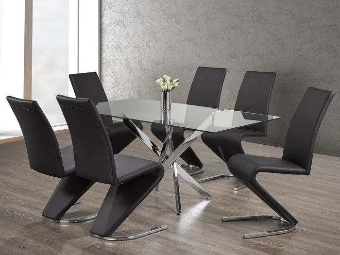 7-Piece Glass Table With Swiveled Chrome Legs and Black ‘Z’ Shaped Dining Chairs