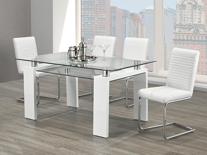 7-Piece Clear Glass Top White Table with Frosted Bottom Glass Paired with White Upholstered Seats