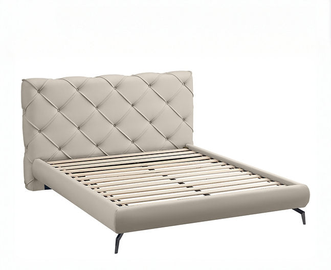 Modern Grey & Creme Platform Bed with Diamond Stitching & Black Steel Legs