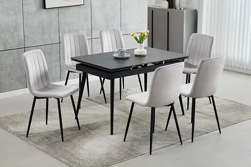 7-Piece Extension Marble Top With Black Steel Legs with Chairs Dark Grey Velvet with Stitching Details, Black Steel Legs.