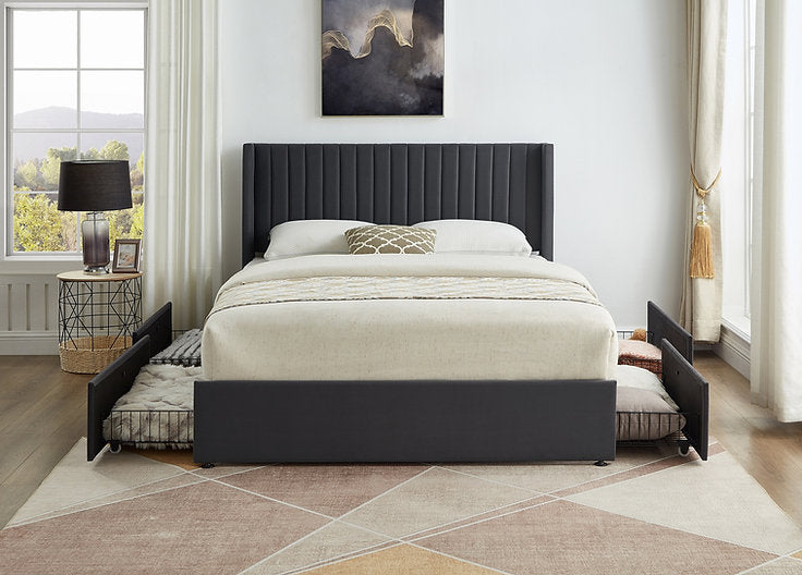 Grey Velvet Wingback Storage Platform Bed with 4 Wire Mesh Storage Drawers