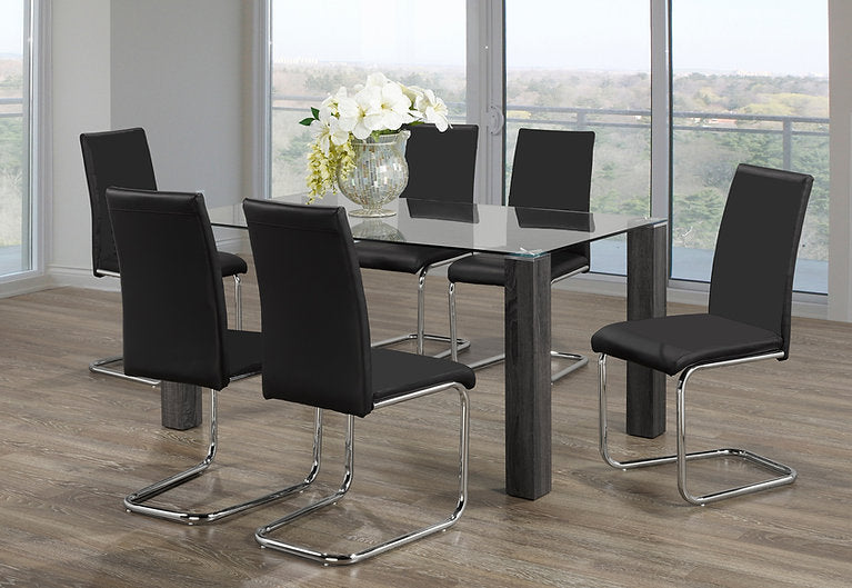 7-Piece Clear Top Tempered Glass Black Chairs Chrome Legs