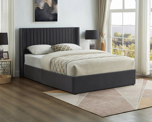 Grey Velvet Wingback Storage Platform Bed with 4 Wire Mesh Storage Drawers