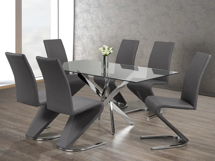 7-Piece Glass Table With Swiveled Chrome Legs and Grey ‘Z’ Shaped Dining Chairs