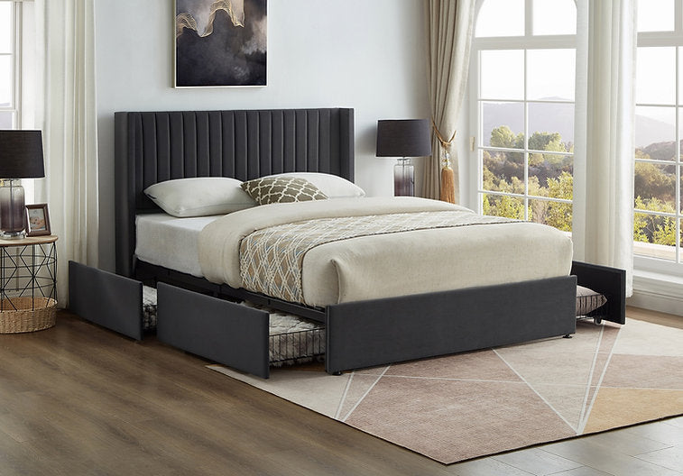 Grey Velvet Wingback Storage Platform Bed with 4 Wire Mesh Storage Drawers