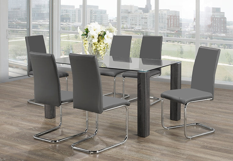 7-Piece Clear Top Tempered Glass Grey Chairs Chrome Legs