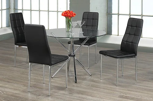 Nil 5-Piece Round Glass with Black Chairs Chrome Legs