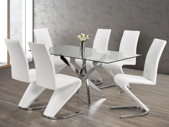 7-Piece Glass Table With Swiveled Chrome Legs and White ‘Z’ Shaped Dining Chairs