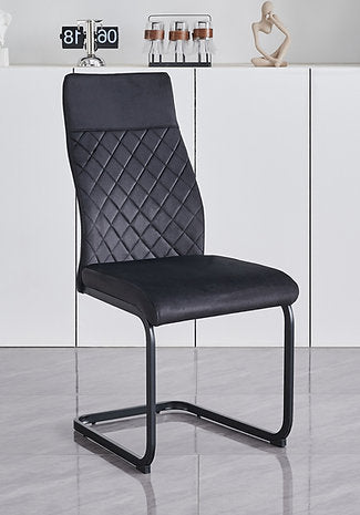 Grey Marble Veneer Dining Set with X Shape Black Steel Base & Soft Black Velvet Chairs