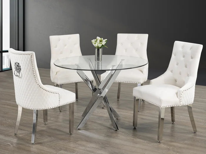 5-Piece Glass Table With Swiveled Chrome Legs and Creme Velvet Dining Chairs with Lion Knocker