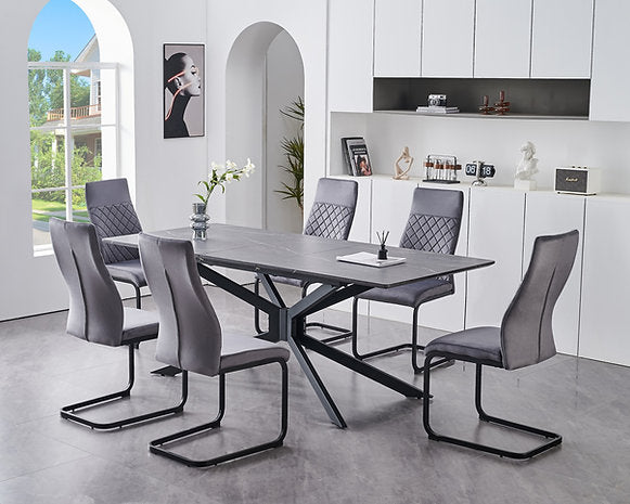 Grey Marble Veneer Dining Set with X Shape Black Steel Base & Soft GREY Velvet Chairs
