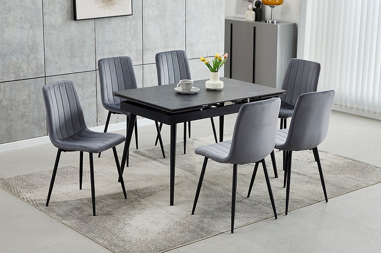 7-Piece Extension Sintered Stone Marble Top With Black Steel Legs with Dark Grey Velvet with Stitching Details, Black Steel Legs.