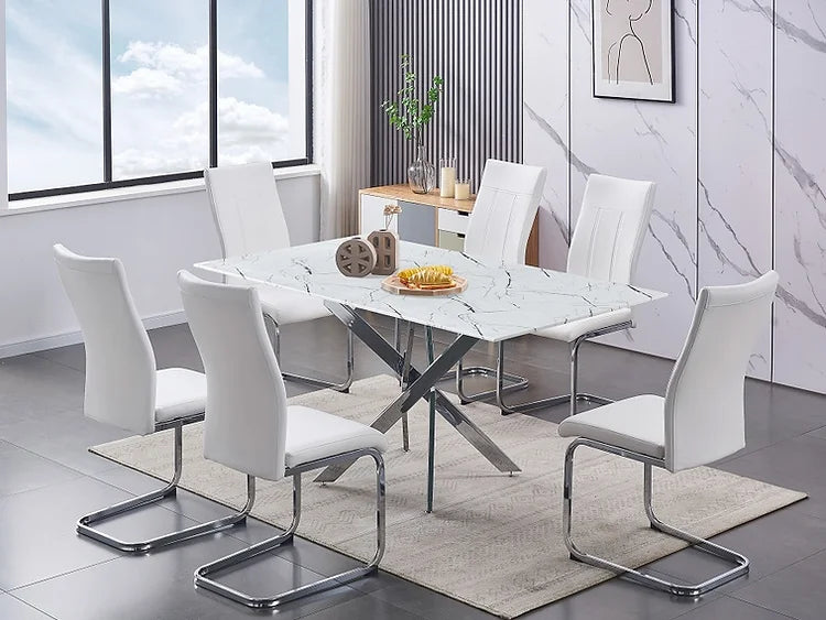 7 Piece Modern Marble Glass Top Table White Chairs Chrome Legs