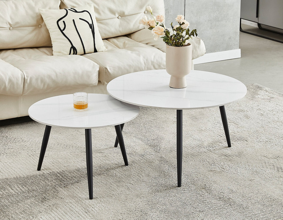 Round Sintered Stone White Marble Top With Black Steel Legs