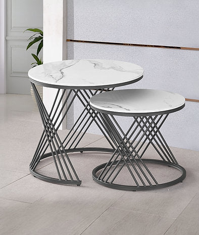 Round Coffee Table Set with Sintered Stone White Marble Top with Black Steel Base