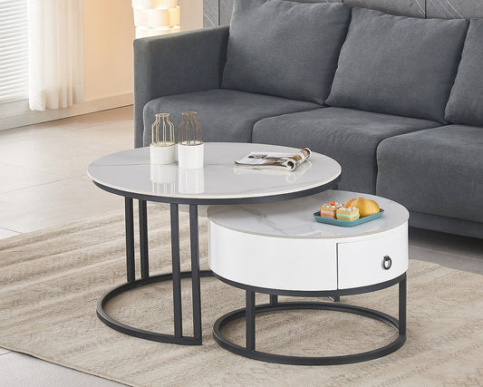 Sintered Stone White Marble Table Set with Black Steel Base
