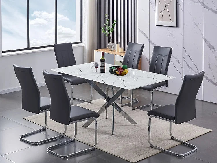 7 Piece Modern Marble Glass Top Table Black Chairs Chrome Legs
