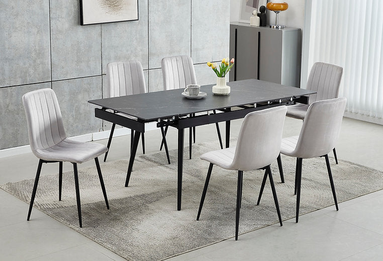 7-Piece Extension Marble Top With Black Steel Legs with Chairs Dark Grey Velvet with Stitching Details, Black Steel Legs.
