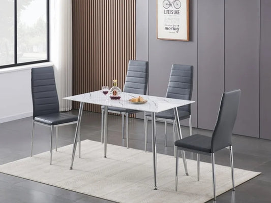 5-Piece Dining Set White Marble Tempered Glass with Grey Chairs Chrome Legs