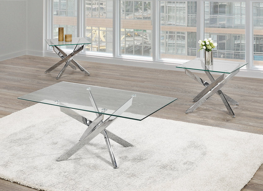 Coffee and End Table 3PC Set Glass/Marble Top with Chrome Metal Legs ET-2570