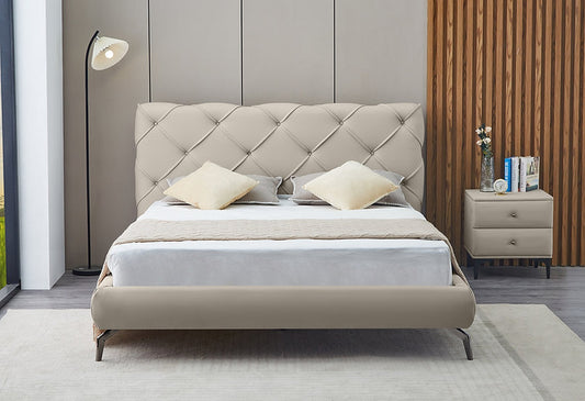 Modern Grey & Creme Platform Bed with Diamond Stitching & Black Steel Legs