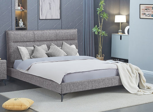 Modern Grey Upholstered Platform Bed with Black Steel Legs