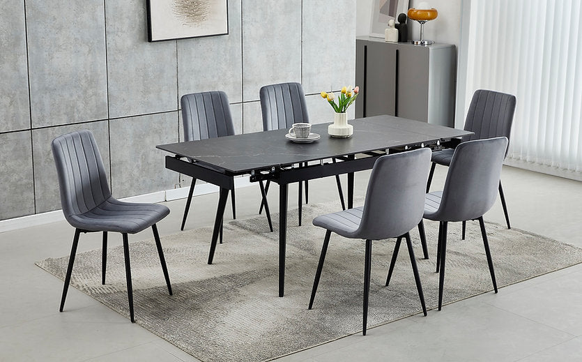 7-Piece Extension Sintered Stone Marble Top With Black Steel Legs with Dark Grey Velvet with Stitching Details, Black Steel Legs.
