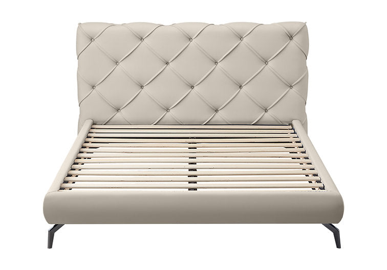 Modern Grey & Creme Platform Bed with Diamond Stitching & Black Steel Legs