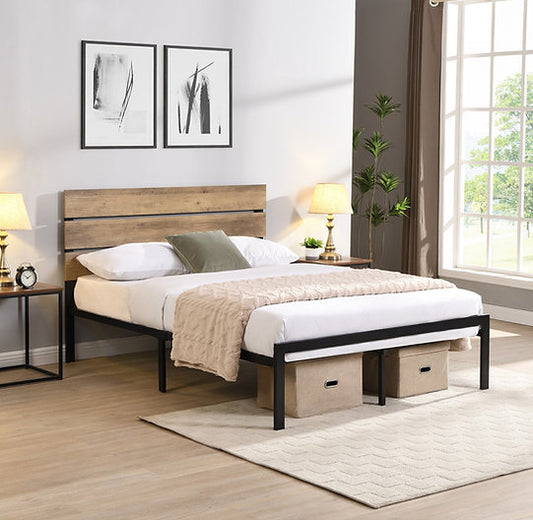 Rustic Wood & Metal Platform Bed with Mattress Support