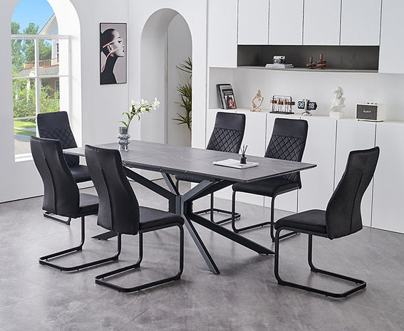 Grey Marble Veneer Dining Set with X Shape Black Steel Base & Soft Black Velvet Chairs
