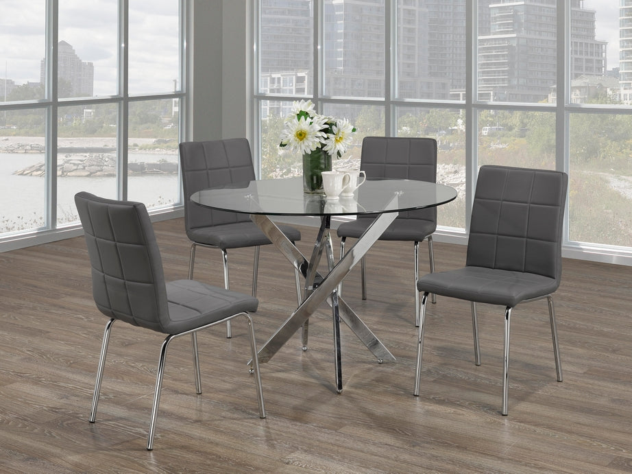 5-Piece Round Glass Dining Set with Swiveled Chrome Legs Grey Checkered Chairs
