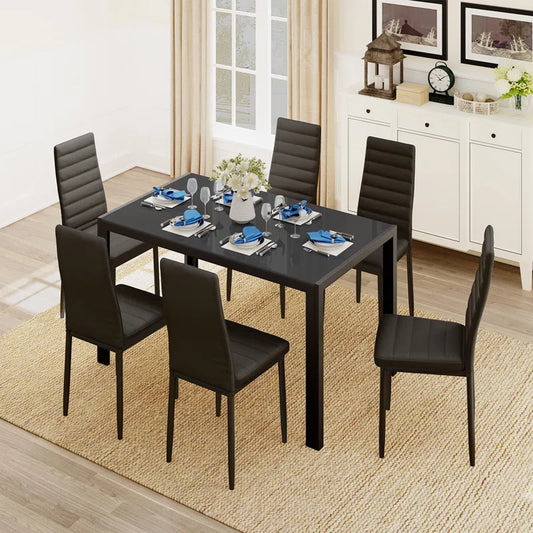 7-Piece Dining Set Top Glass Tempered with  PU Black Chairs