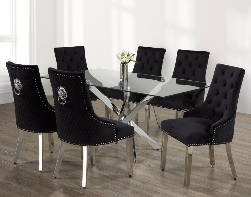 7-Piece Glass Table With Swiveled Chrome Legs and Black Velvet Dining Chairs with Lion Knocker