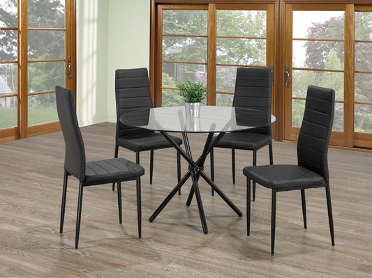 5 Piece Dining Set Round Glass Table Black base with 4 Chairs