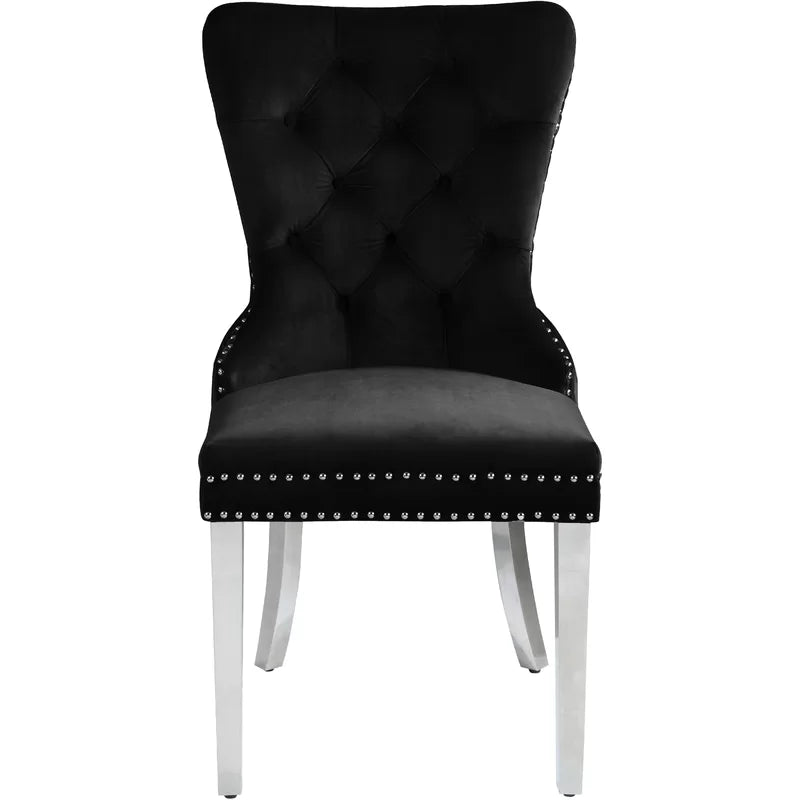 Jon 5 Piece Modern Round Top Tempered Glass Black Velvet Chairs Chrome Legs