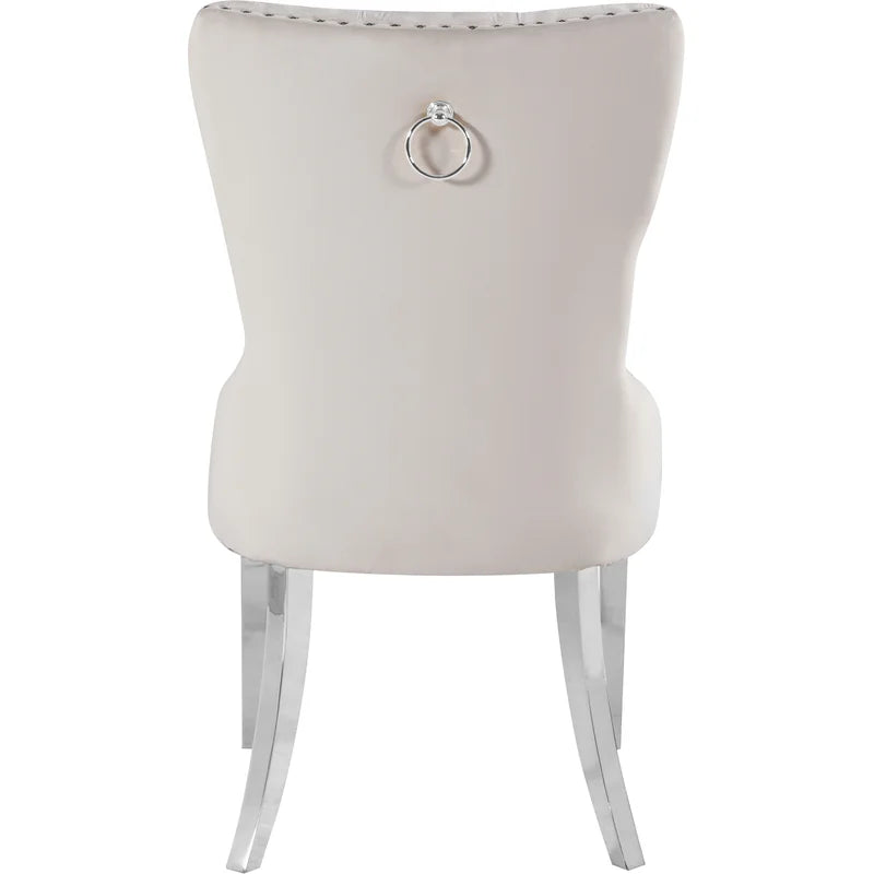 Jon 5 Piece Modern Round Top Tempered Glass White Velvet Chairs Chrome Legs