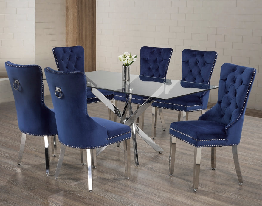 Ari 7-Piece 7-Piece Glass Table With Swiveled Chrome Legs and Blue Velvet Dining Chairs with Chrome Knocker