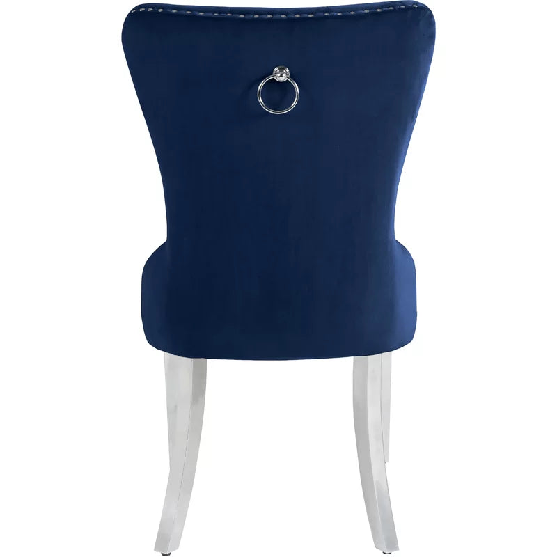 Jon 5 Piece Modern Round Top Tempered Glass Blue Velvet Chairs Chrome Legs