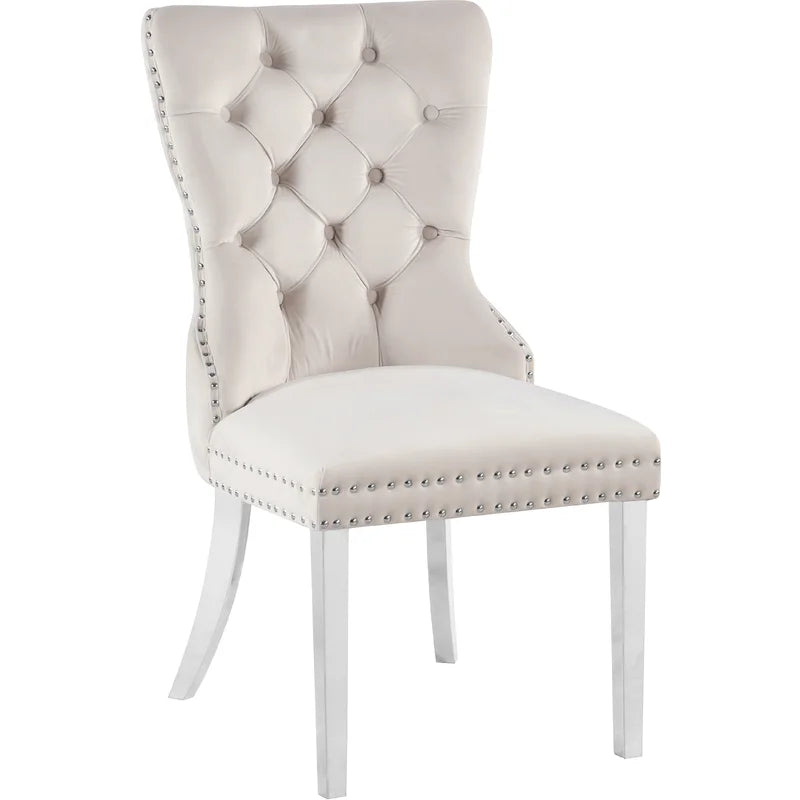 Jon 5 Piece Modern Round Top Tempered Glass White Velvet Chairs Chrome Legs