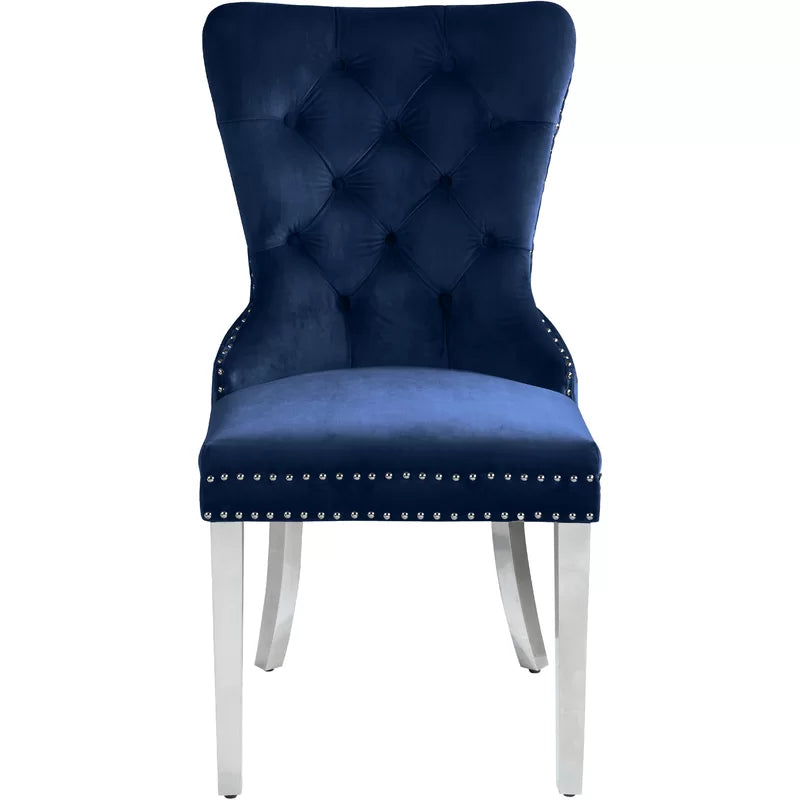 Jon 5 Piece Modern Round Top Tempered Glass Blue Velvet Chairs Chrome Legs