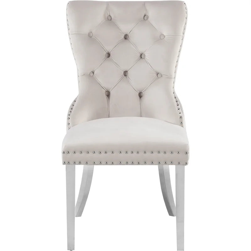 Jon 5 Piece Modern Round Top Tempered Glass White Velvet Chairs Chrome Legs