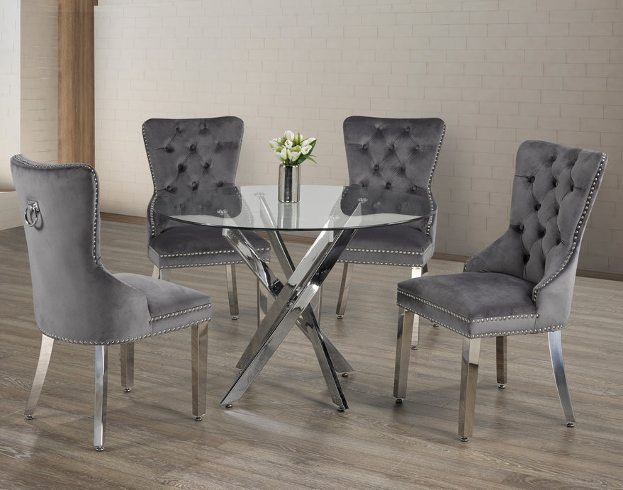 Jon 5 Piece Modern Round Top Tempered Glass Grey Velvet Chairs Chrome Legs