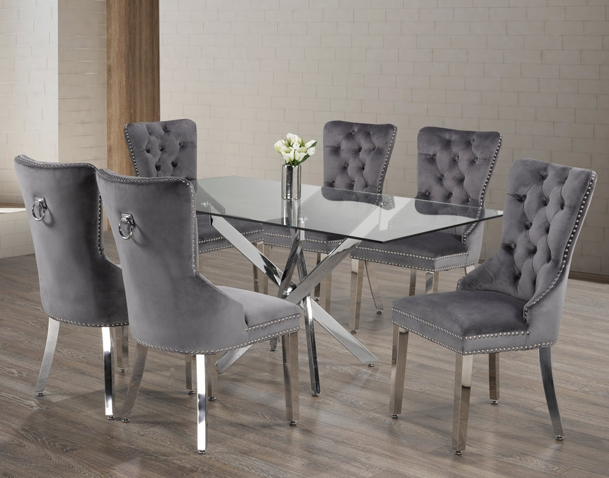 Ari 7-Piece Glass Table With Swiveled Chrome Legs and Grey Velvet Dining Chairs with Chrome Knocker