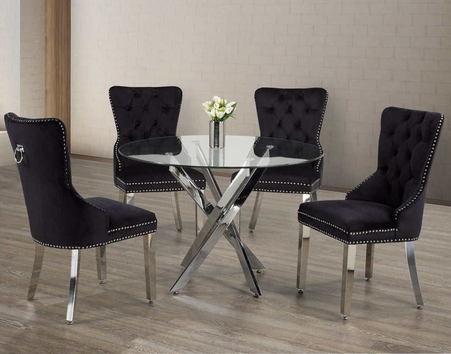 Jon 5 Piece Modern Round Top Tempered Glass Black Velvet Chairs Chrome Legs