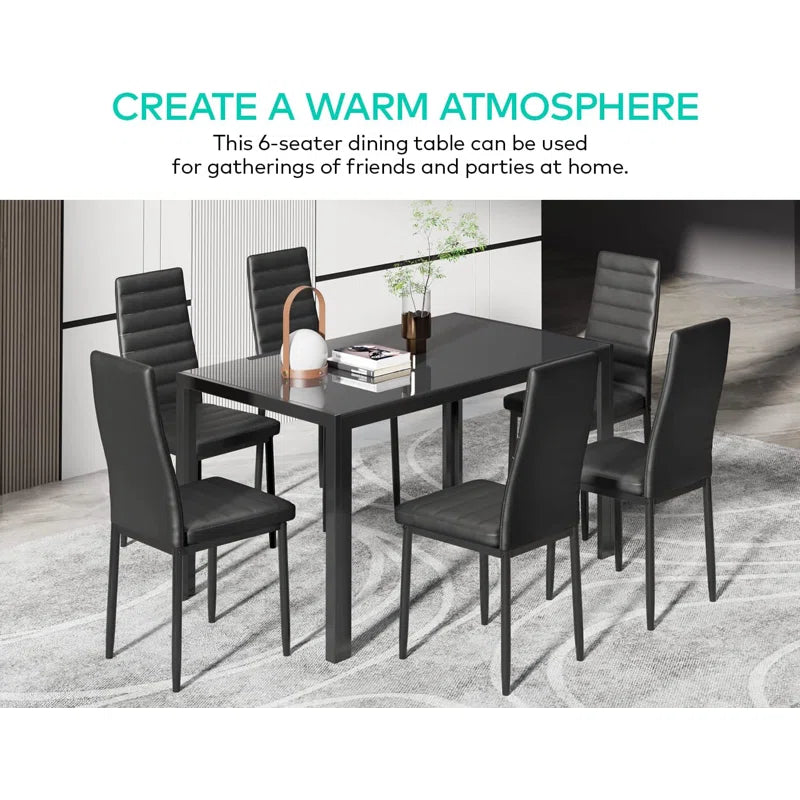 7-Piece Dining Set Top Glass Tempered with PU Black Chairs