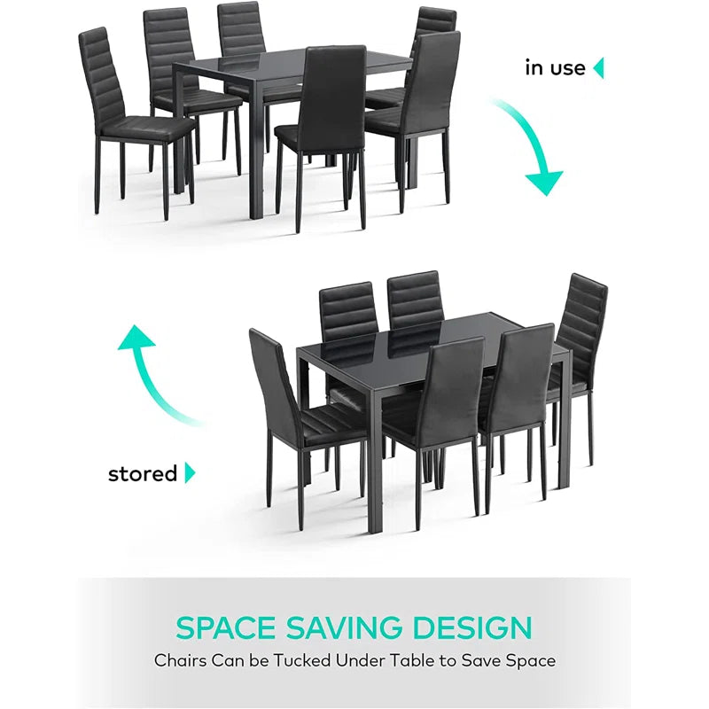7-Piece Dining Set Top Glass Tempered with PU Black Chairs